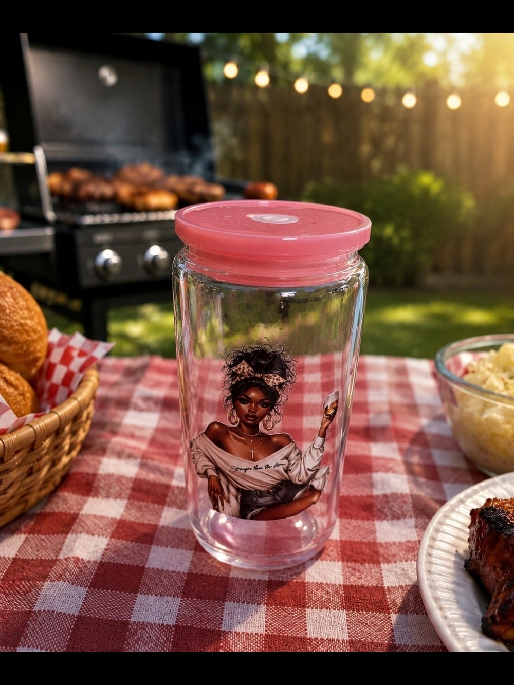 Clear Tumbler with Pink Lid and Illustrated Design - Home Disposable Tableware